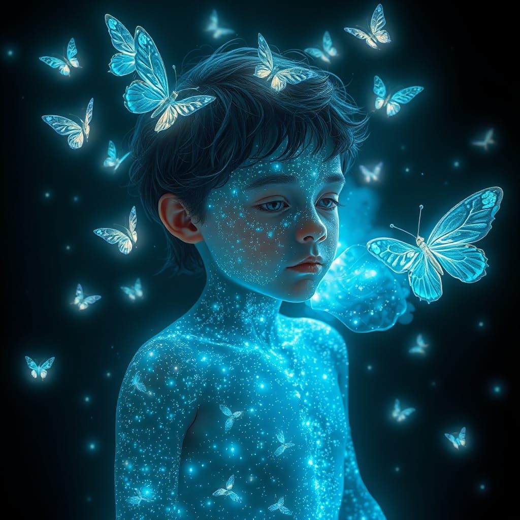 Glowing Boy in Iridescent Insectoid Armor