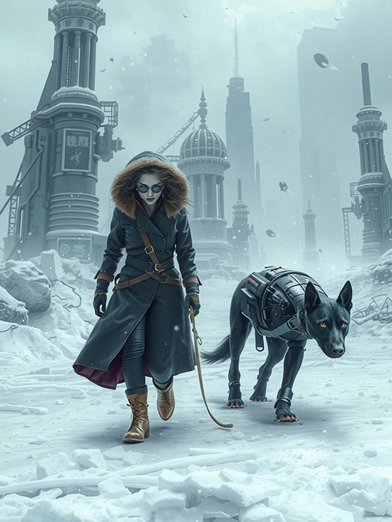 Cyberpunk Woman and Dog Survive Post-Apocalyptic Blizzard