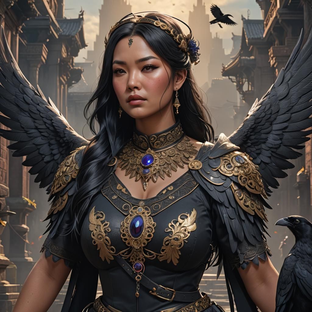 Ebony Angel with Raven Hair in Detailed Digital Art