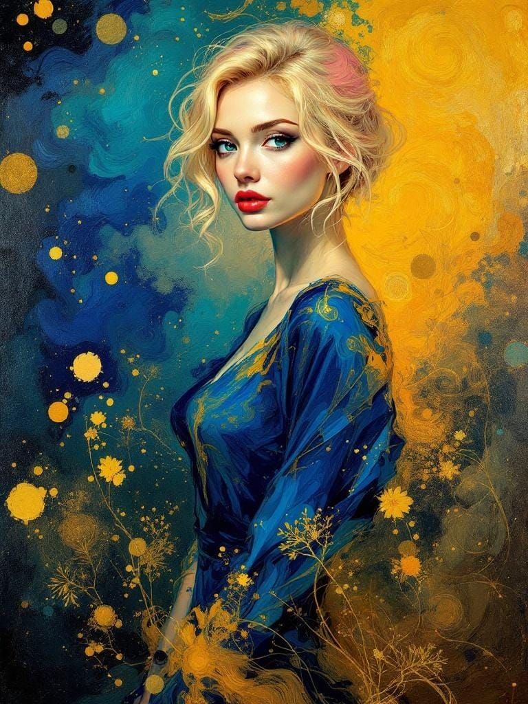 Blonde Pin-Up Woman in Van Gogh, Rembrandt, Ukiyo-e Style