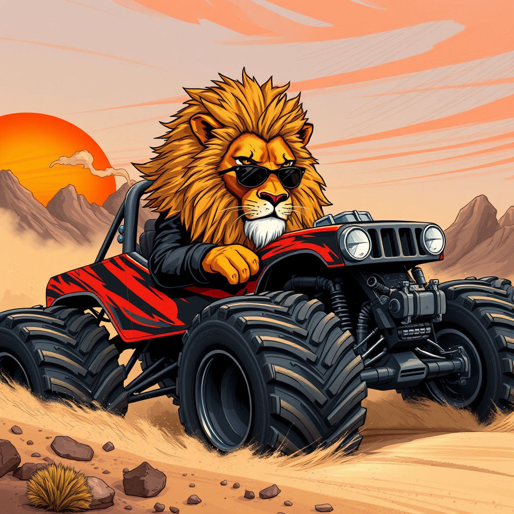 Lion Drives Monster Truck: Action Illustration