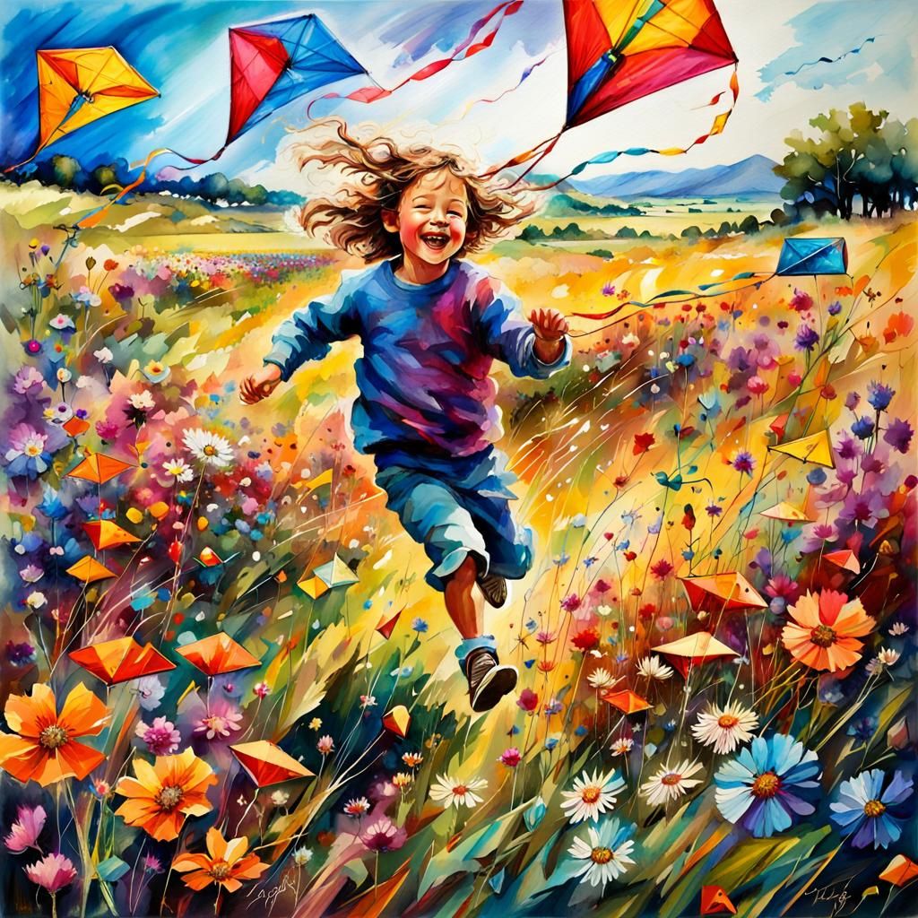 Children Flying Kites in Art Nouveau Meadow