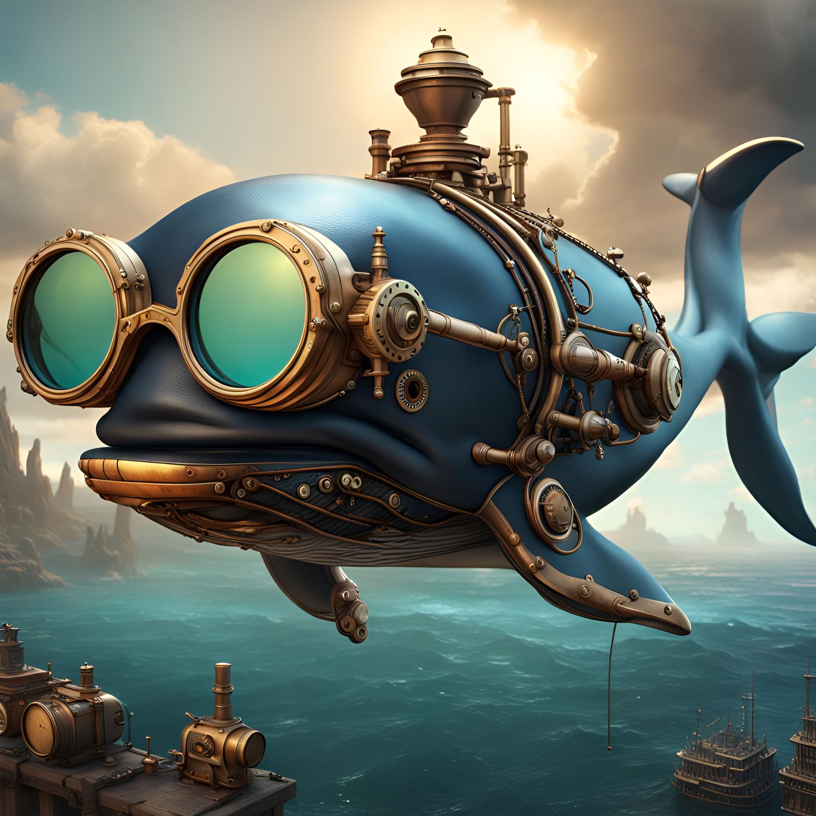 Steampunk Whale in Sunglasses: Detailed Fantasy Art
