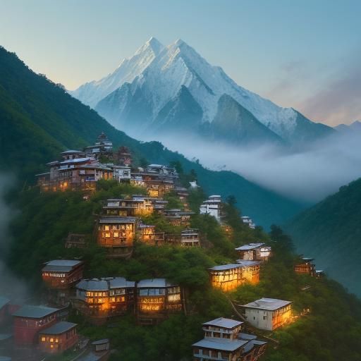 Colorful Himalayan Townscape in Watercolor Style