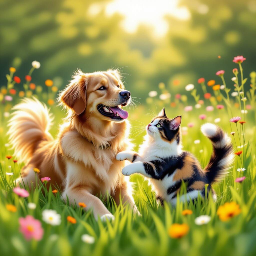 Golden Retriever and Calico Cat Play in Sunny Meadow