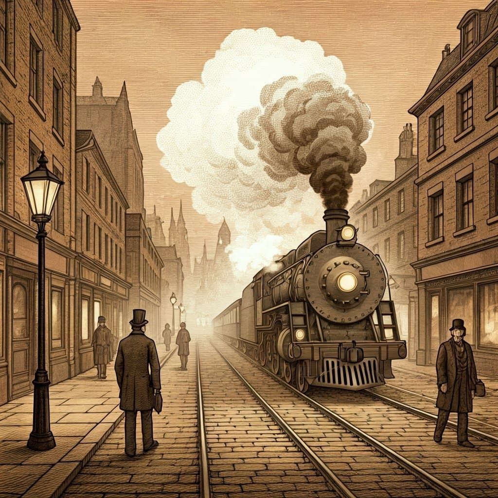 Victorian City Dusk: Steam Train at Historic Station