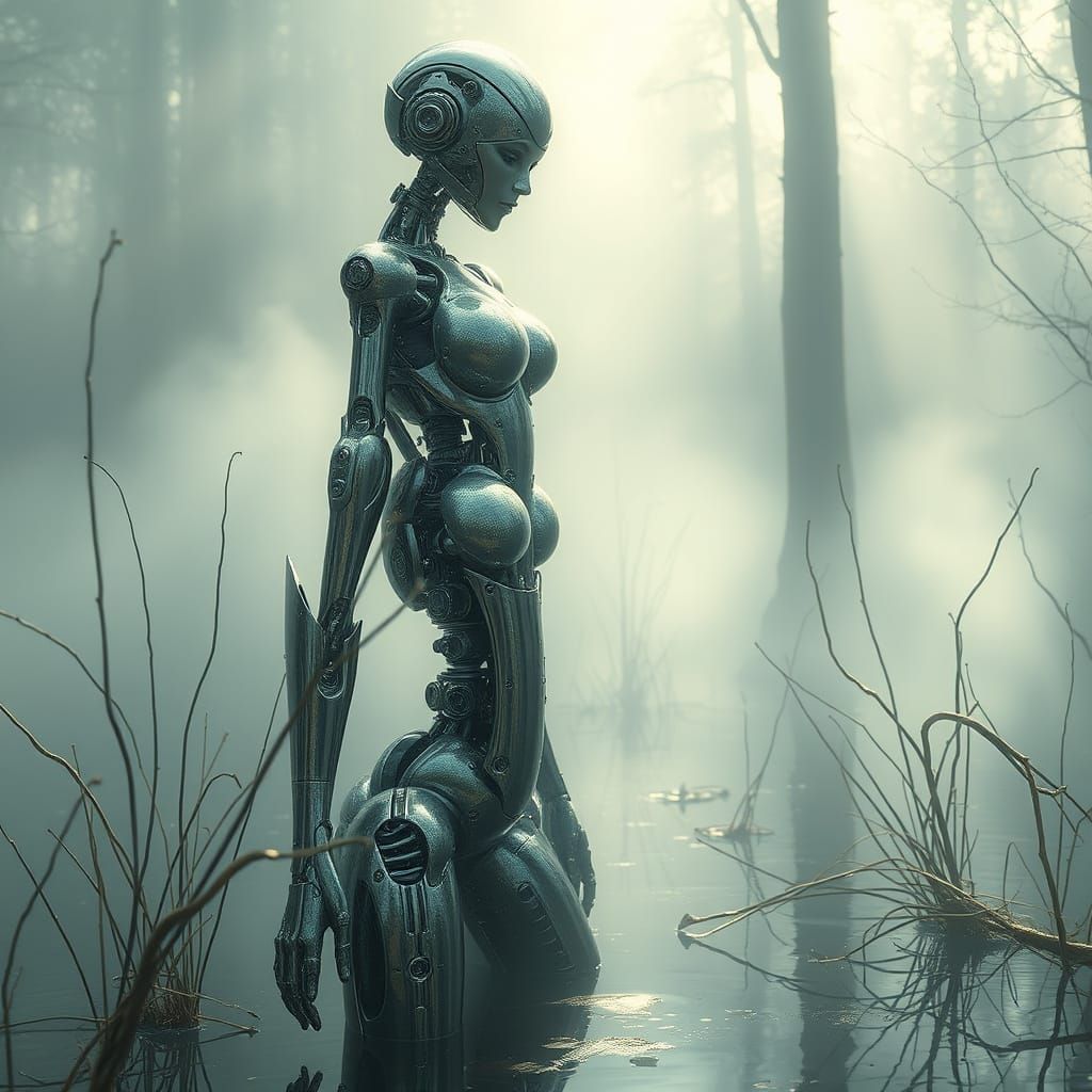 Ethereal Mechanical Woman in Misty Swamp
