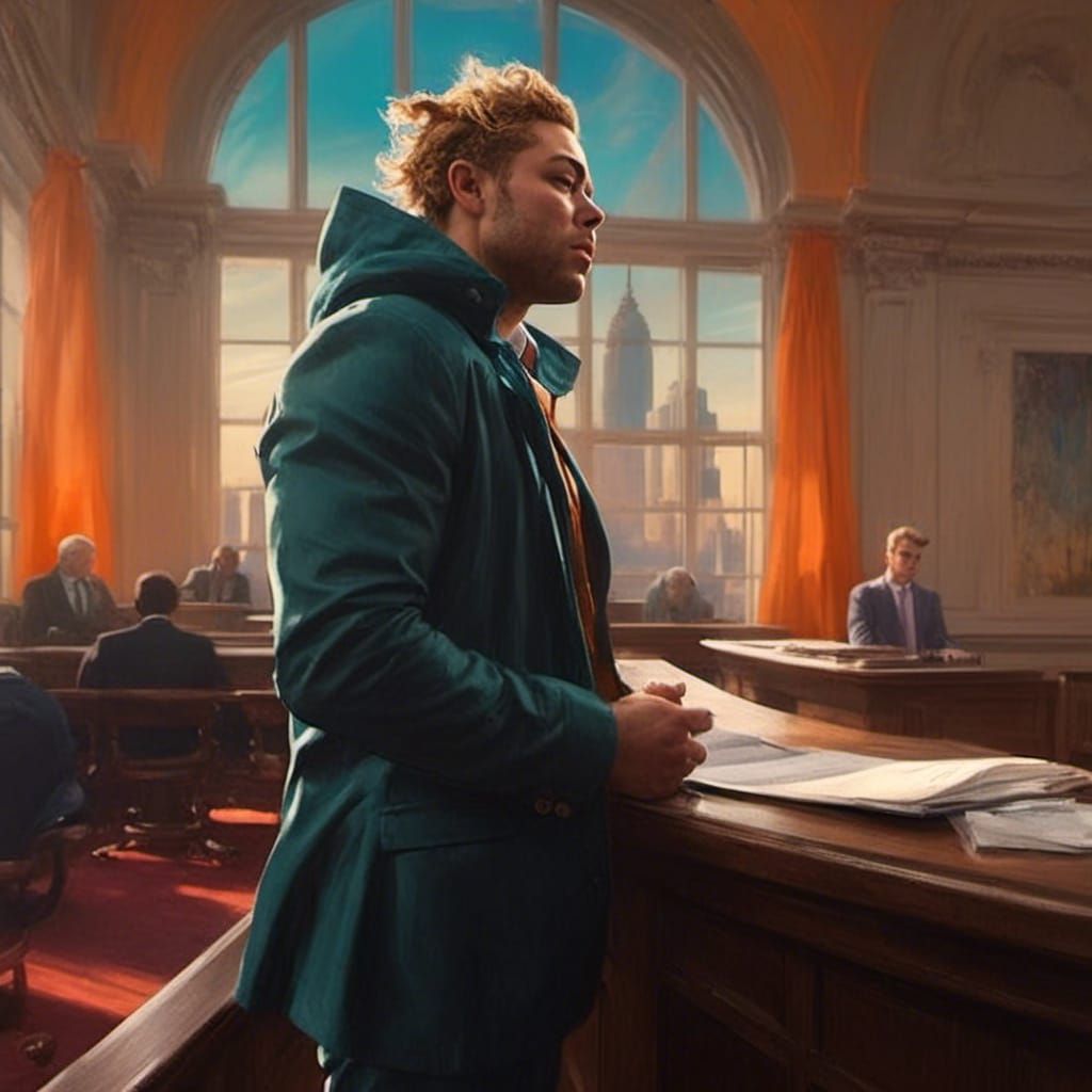 Lawyer in Courtroom with Cityscape, Hyper-Realistic