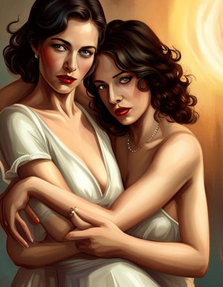 two beautifully elegant women hugging and embracing, in the style of lesbian pulp noir fiction paperback covers, art by ...