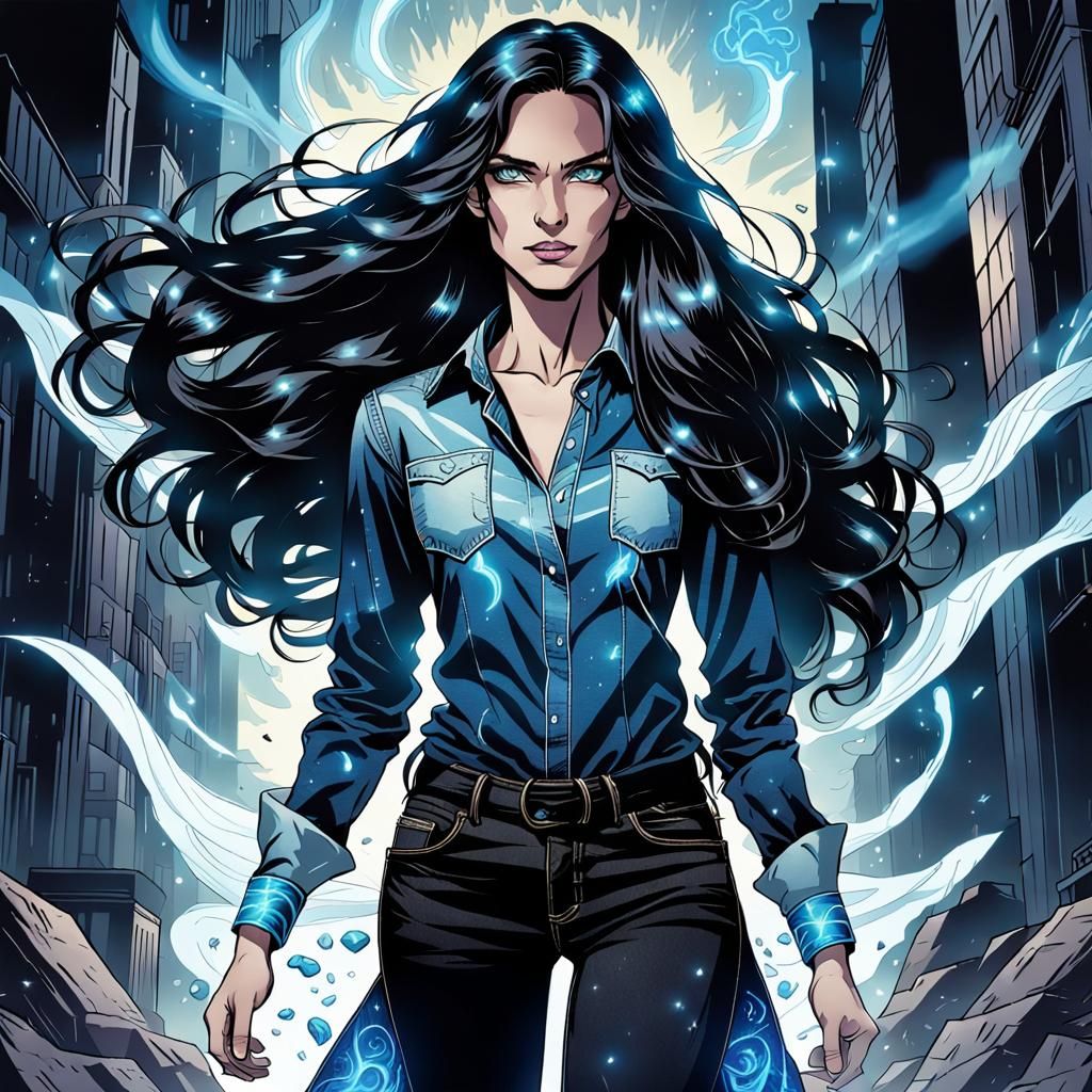 Androgynous Figure with Blue Aura in Comic Book Style