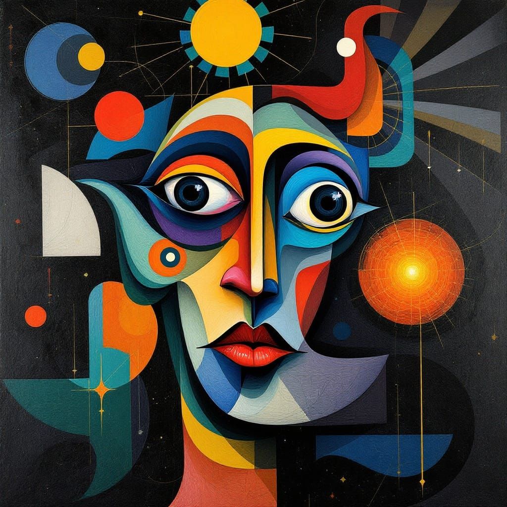 Cosmic Cubist Portrait Blends Faces with Galactic Dreams
