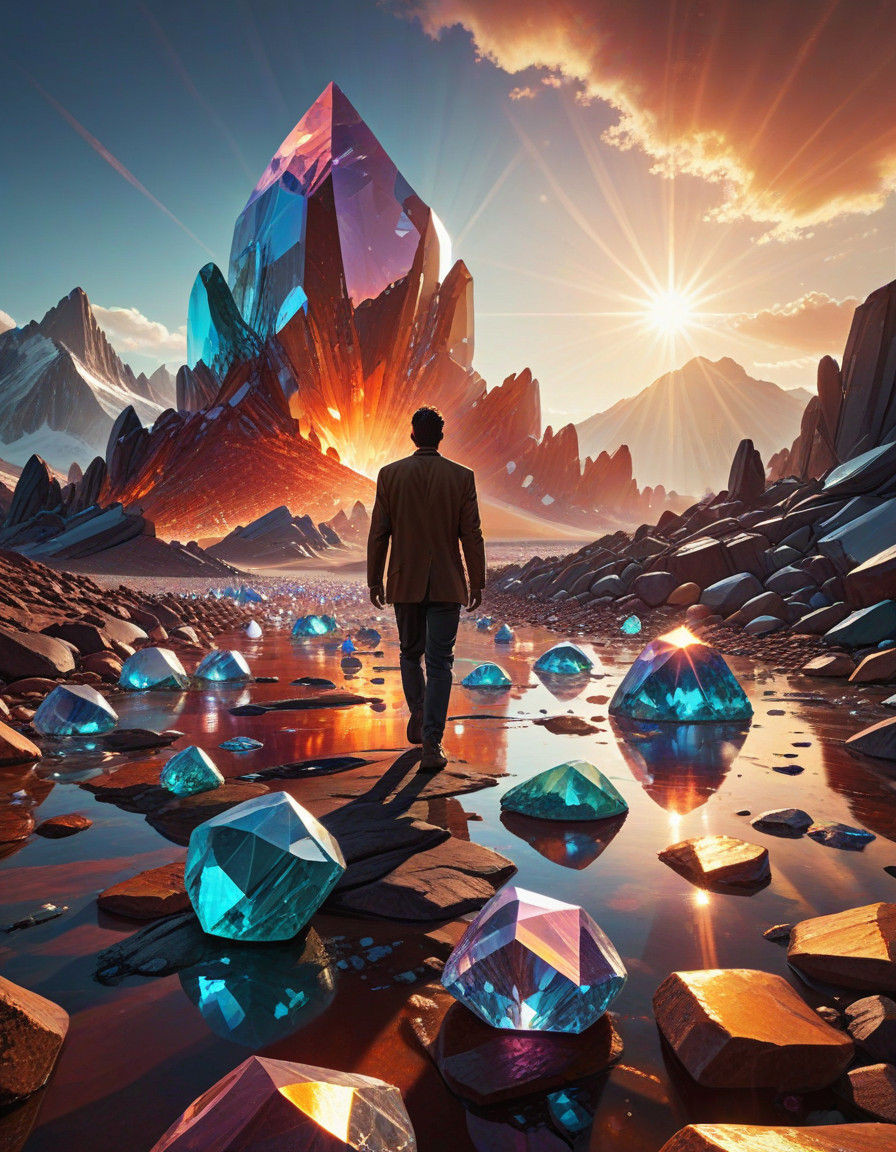 Confident Adventurer Climbs to Destiny Amidst Glowing Crysta...