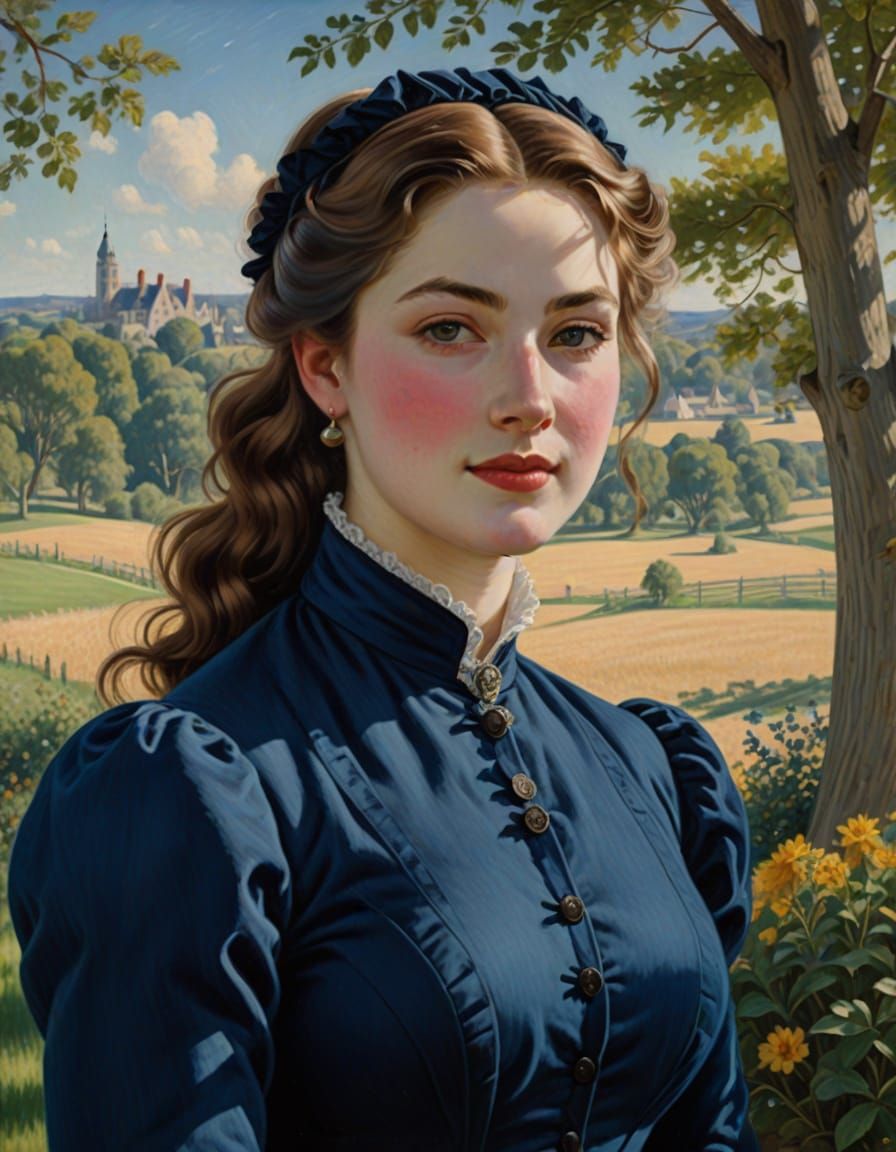 Elegant Lady in 1875 Noble Blue Attire