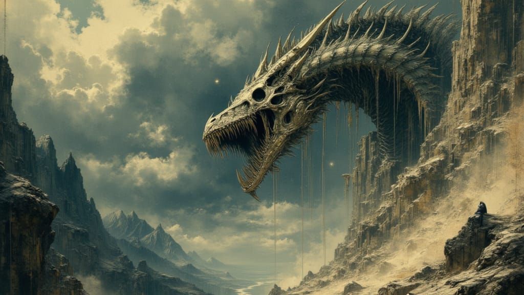 Gothic Skeletal Dragon in a Stormy Valley