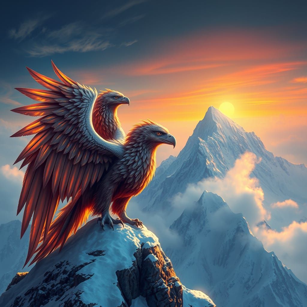 Griffin on Snow-Capped Peak in Ethereal Fantasy Style