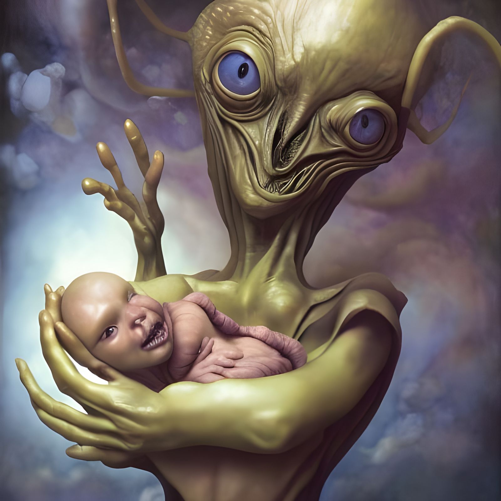 Alien Cradling Newborn: Magical Realism Portrait