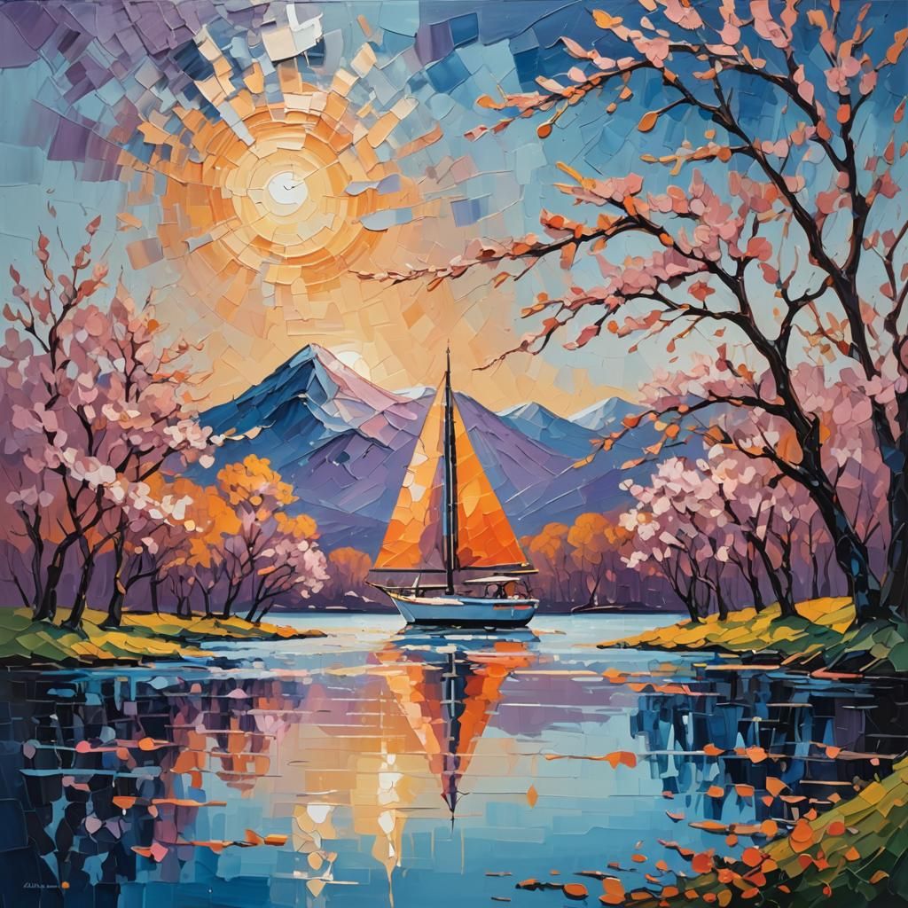 Sailboat on Lake: Abstract Expressionist Oil Painting