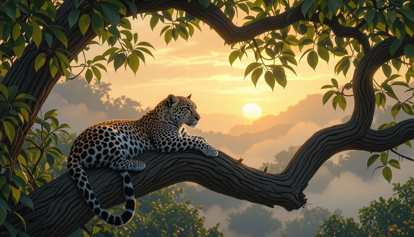 Leopard Contemplation in Lush Sunset Ambiance