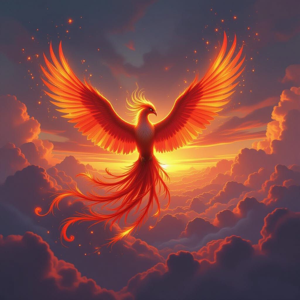 Majestic Fire Phoenix Dancing Above Iridescent Clouds