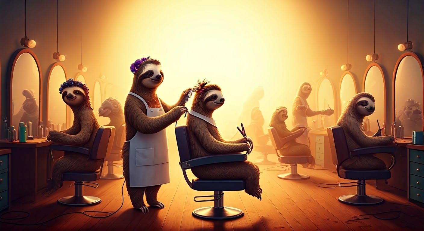 Sloths in Chic Salon Setting, Inspired by Pixar and ILM