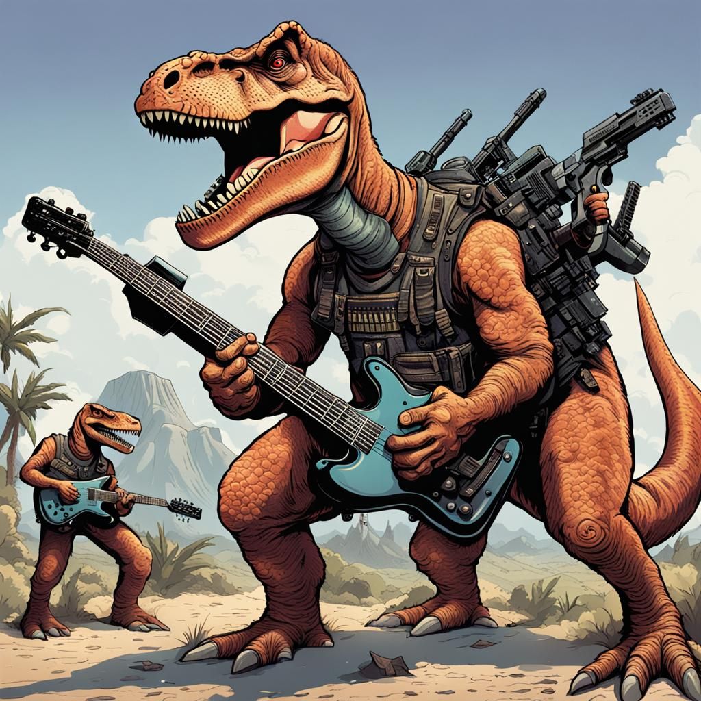 Dinosaurs Rocking with Machine Guns and Guitars