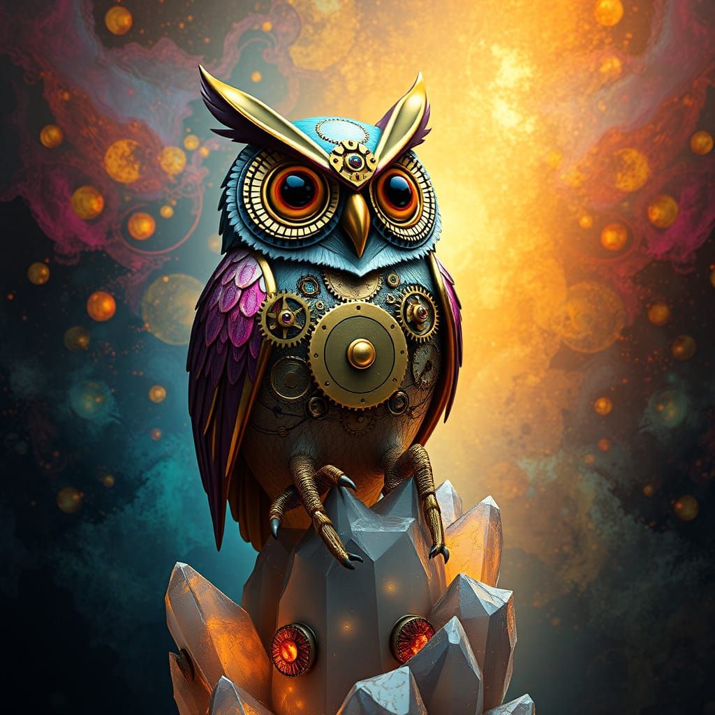 Clockwork Owl on Crystal in Nebula, Whimsical Mechanical Art
