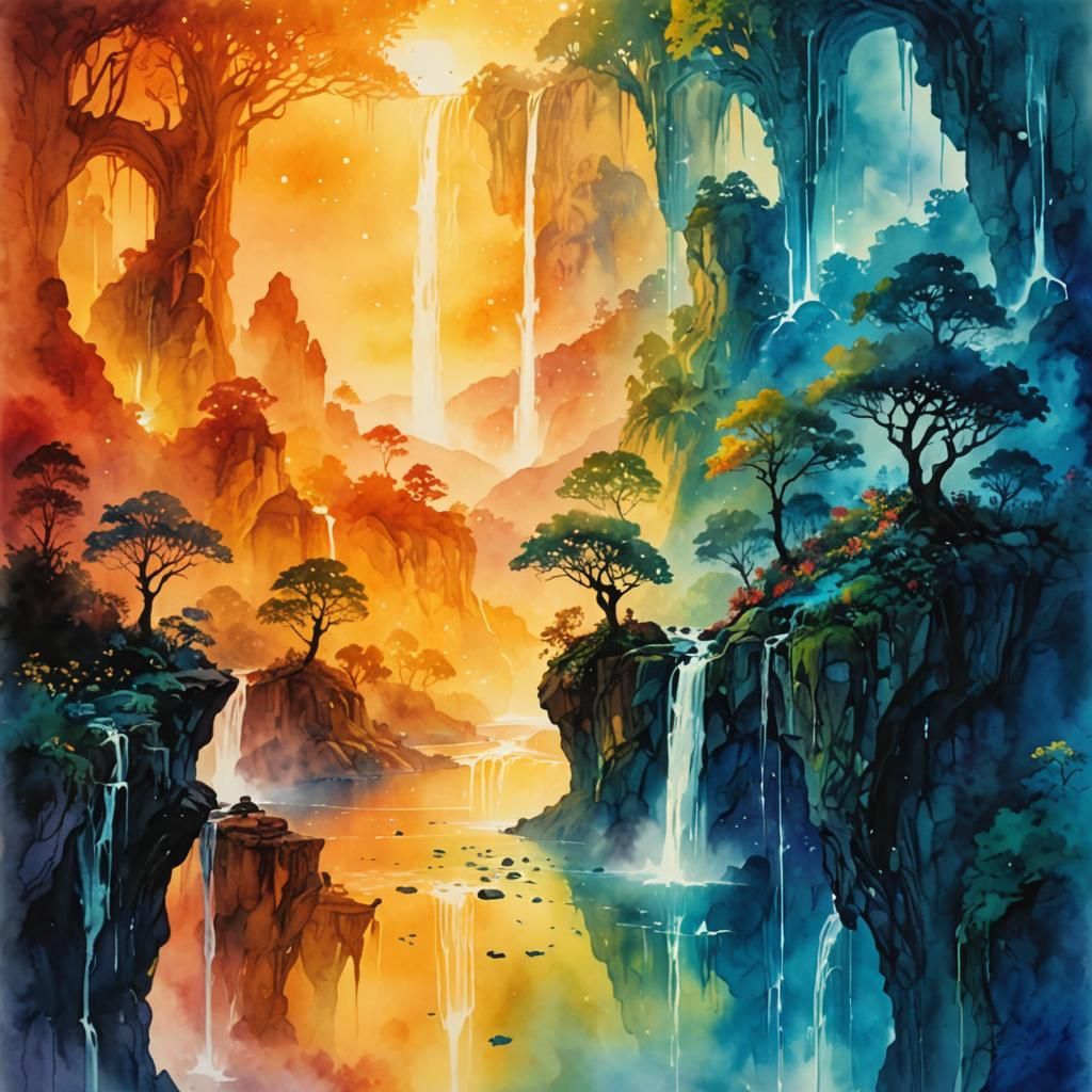 Detailed watercolor painting of an fantasy landscape, a breathtaking array of diverse flora, waterfalls plunging into...