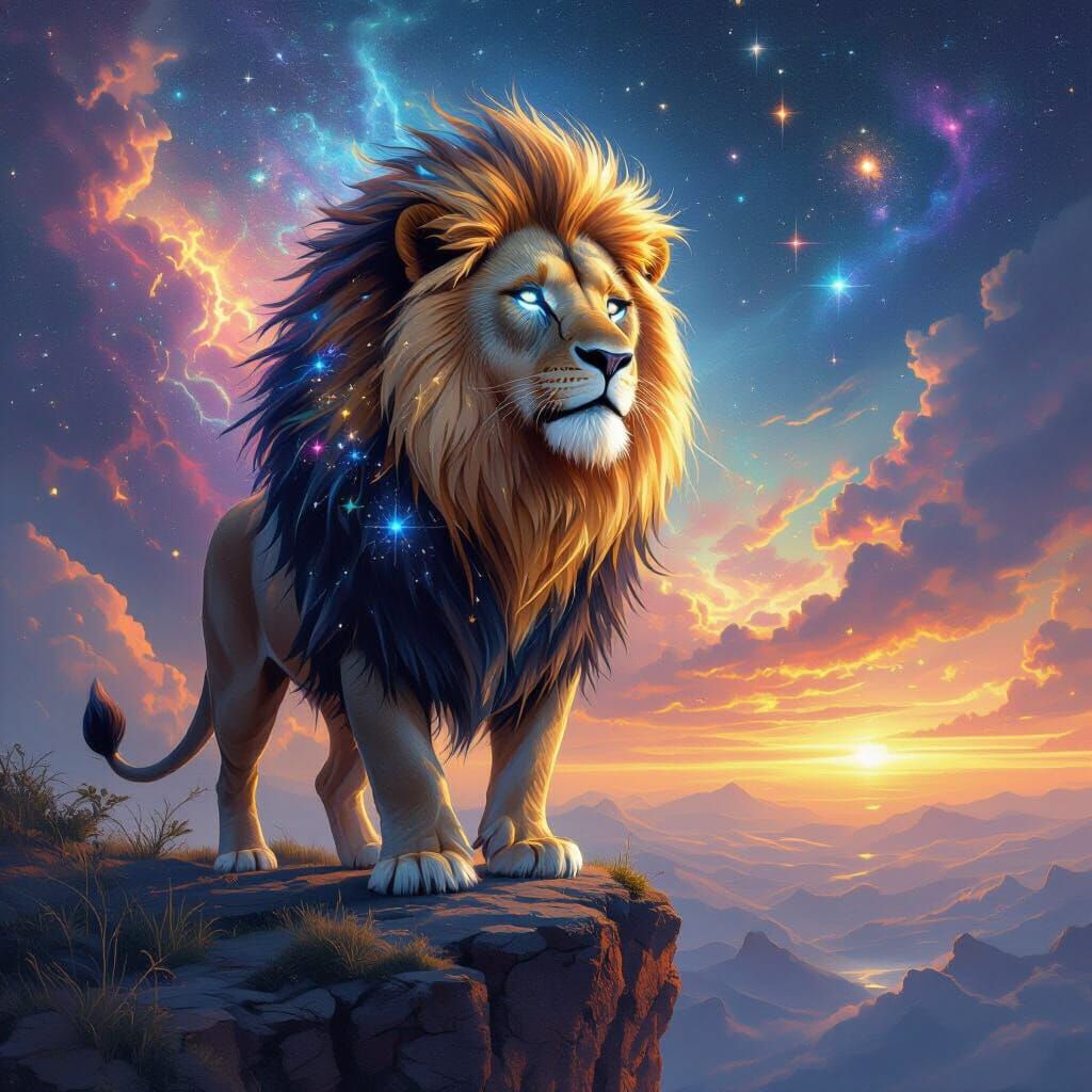 Lion with Starry Mane Overlooking Nebula