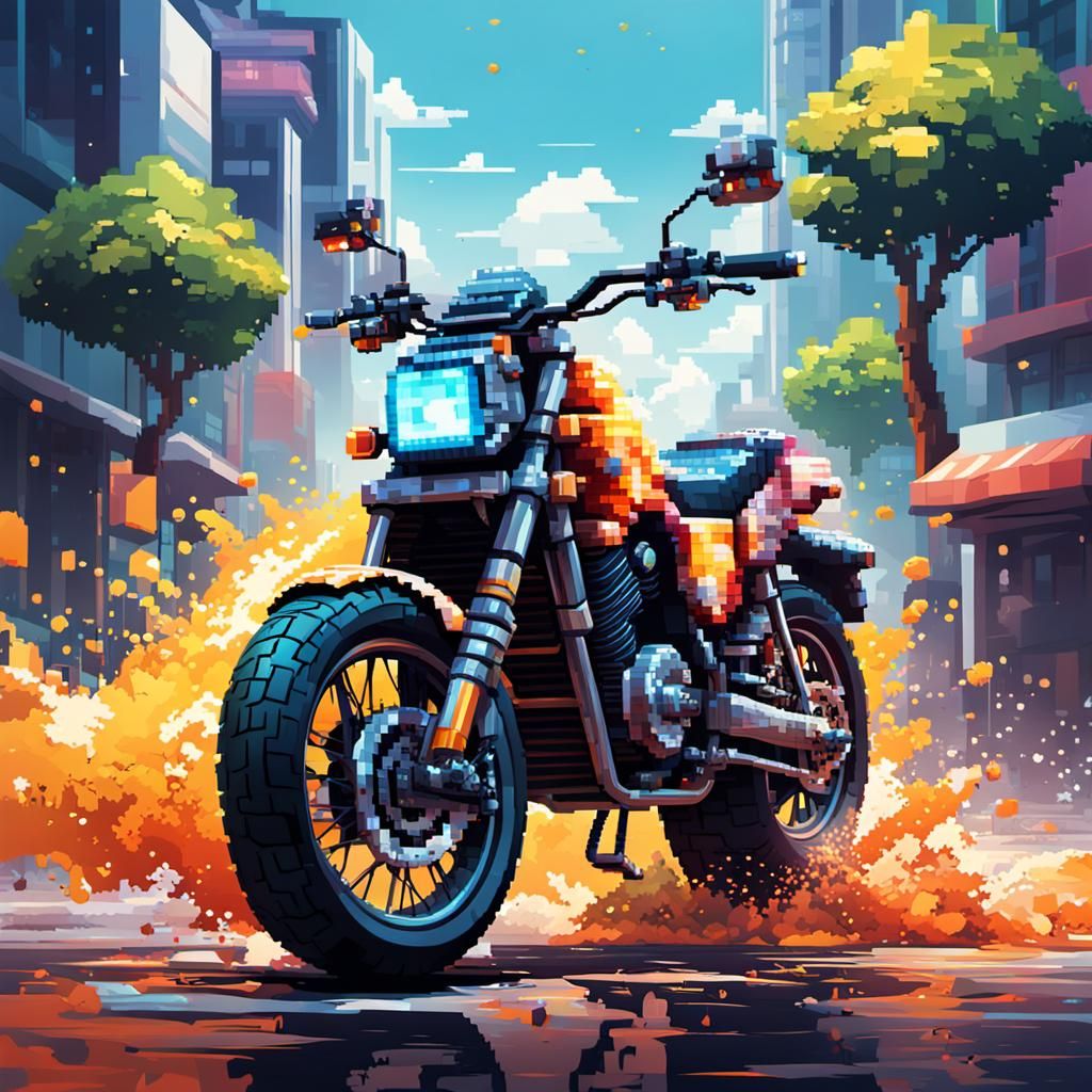 Pixelated Motorcycle in Hyperrealistic Splash Art Style