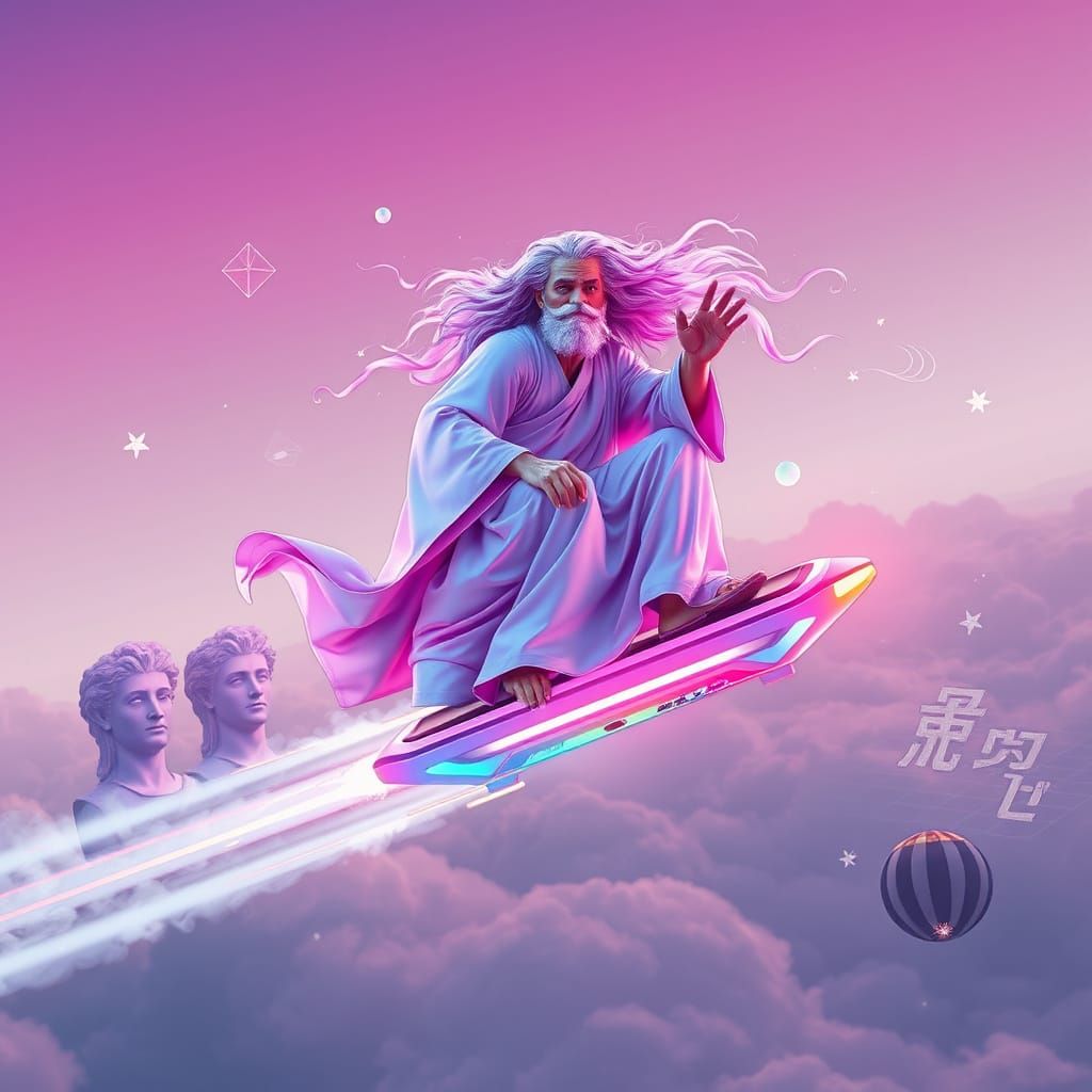 Rainbow God Rides Vaporwave Hoverboard in Dream Sky