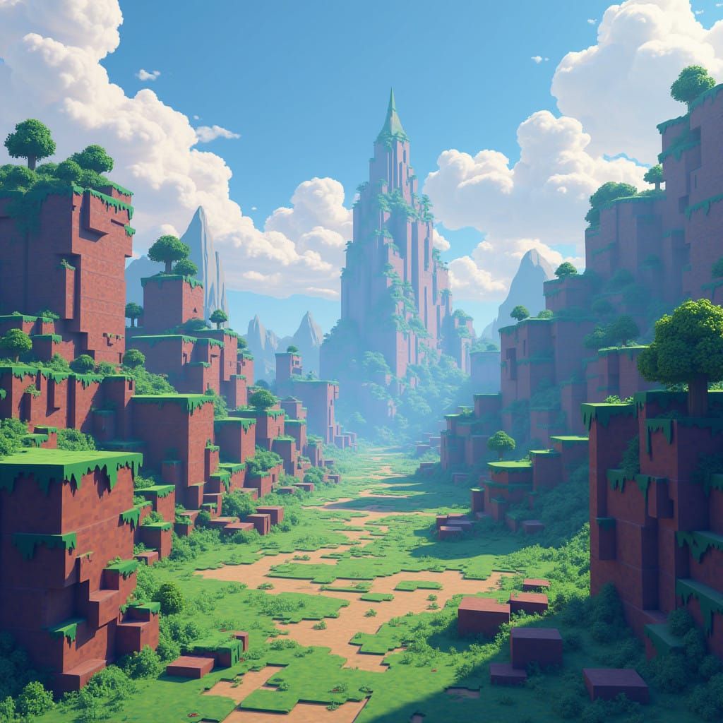 Blocky Pixelated Landscape in 8-Bit Style