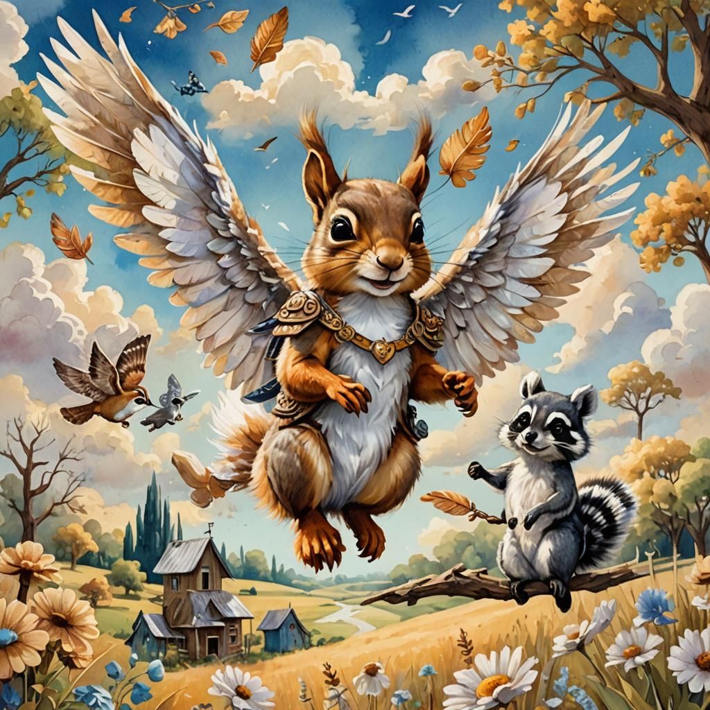 Whimsical Squirrel and Raccoon Flight Over Texas