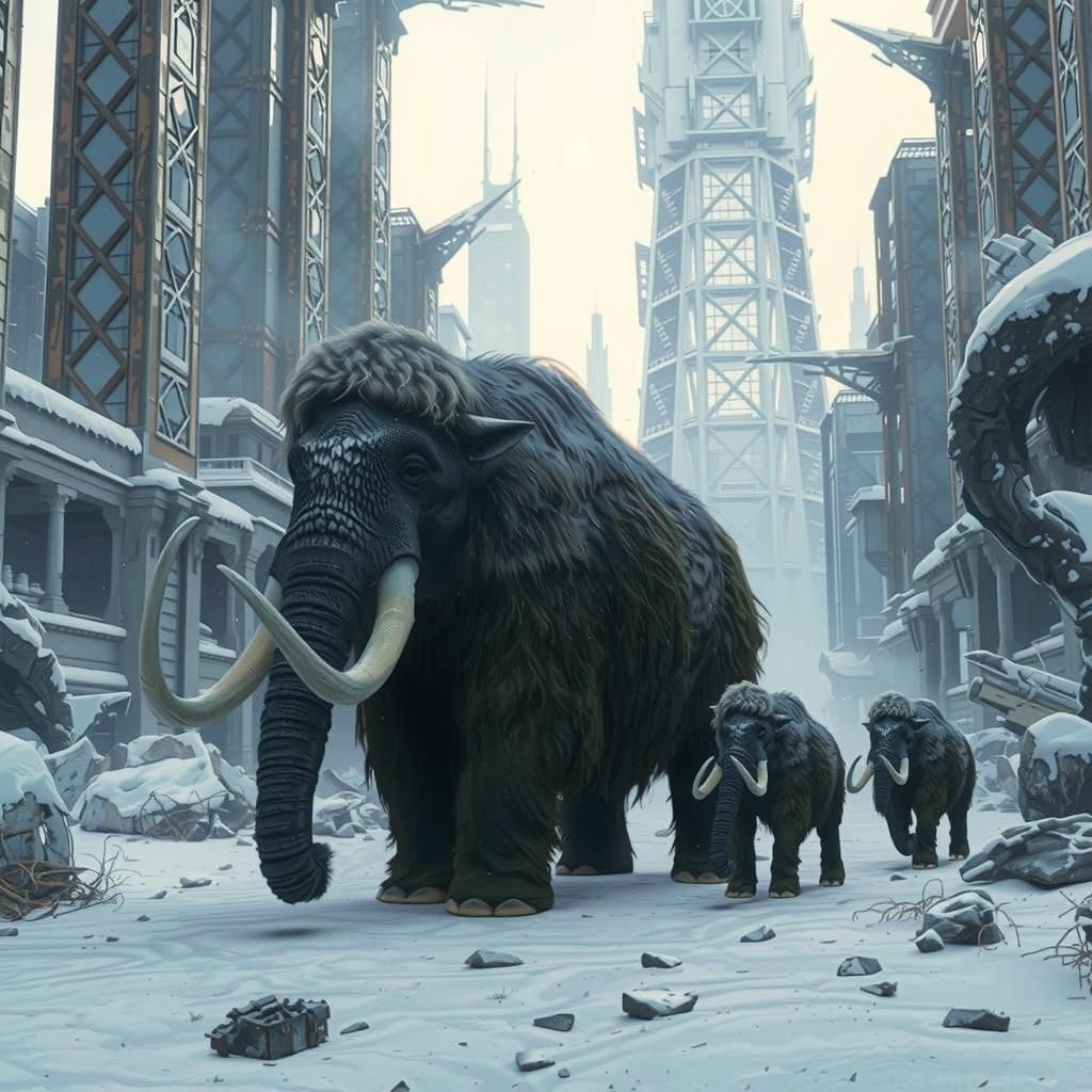 Mammoths in a Frozen Cyberpunk Cityscape