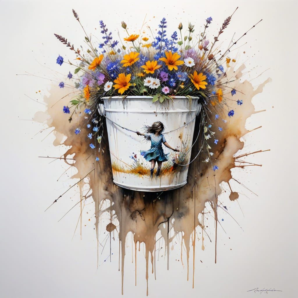 Wildflowers on Barbed Wire in Wet Ink Style