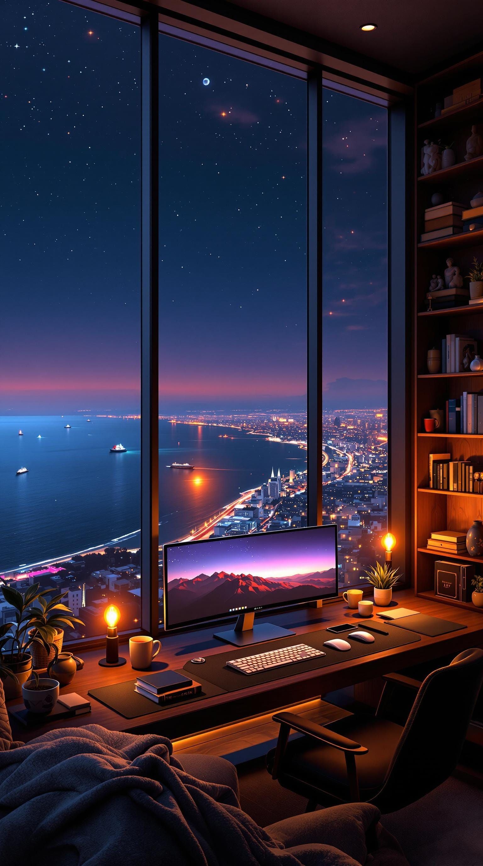 Coastal Metropolis Night View from Skyscraper Room