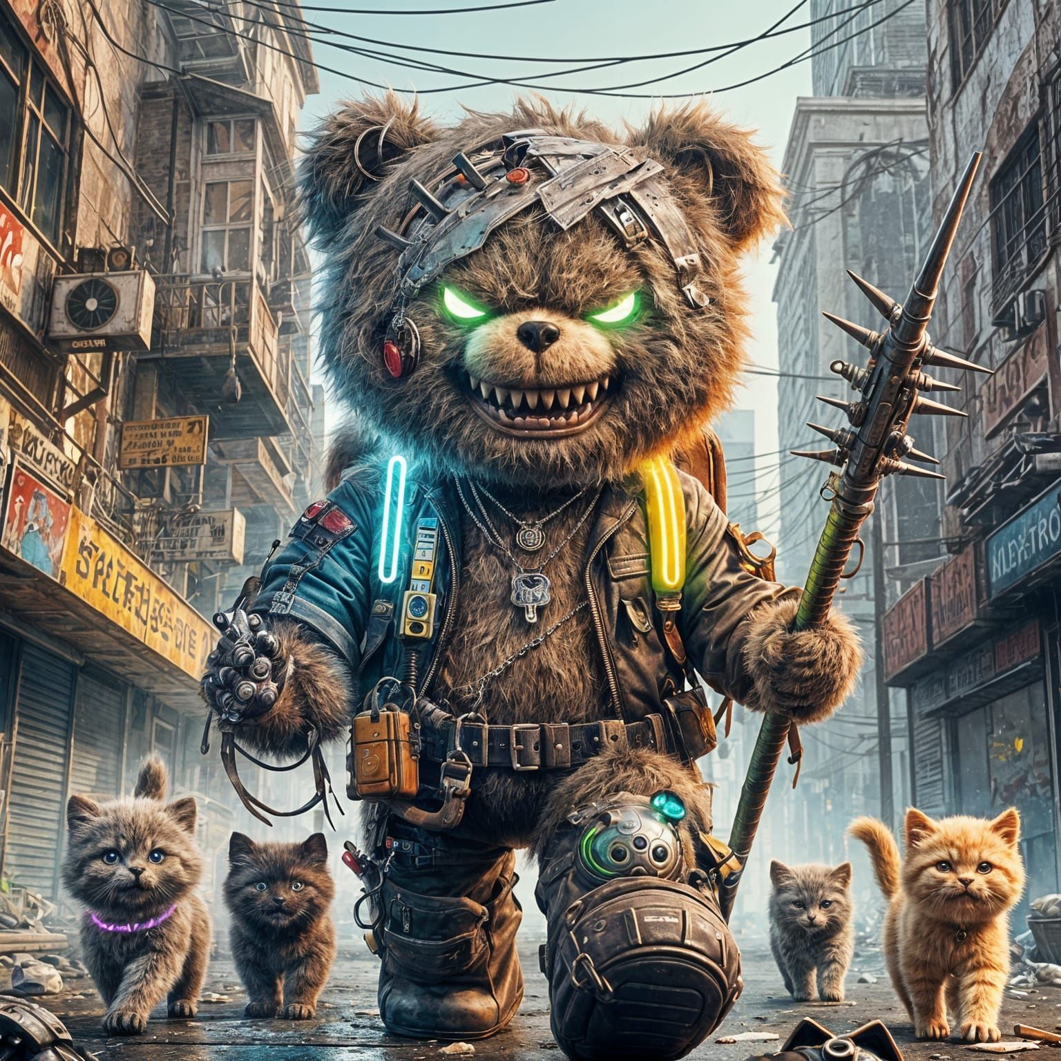 Cyberpunk Steampunk Teddy Bear Strolls Apocalyptic City Stre...