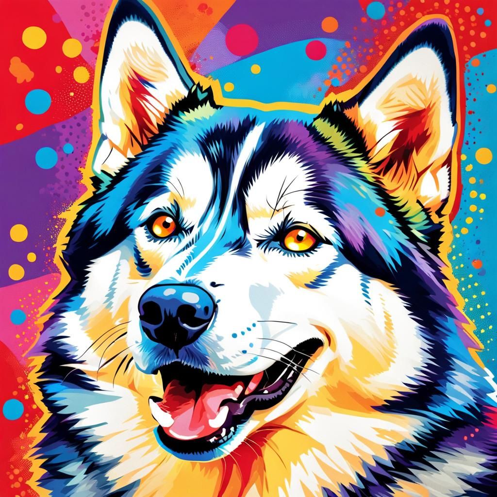 Joyful Husky Pop Art Portrait with Abstract Background
