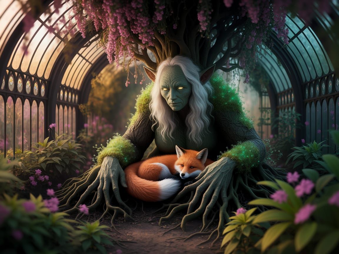 Enchanted Greenhouse with Tree Spirit and Bioluminescent Flo...