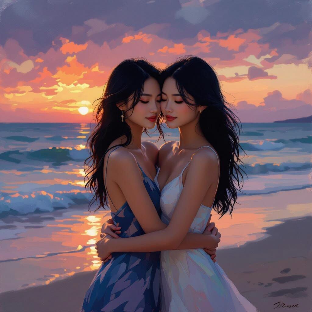 Romantic Beach Twilight Embrace in Impressionistic Oil Style