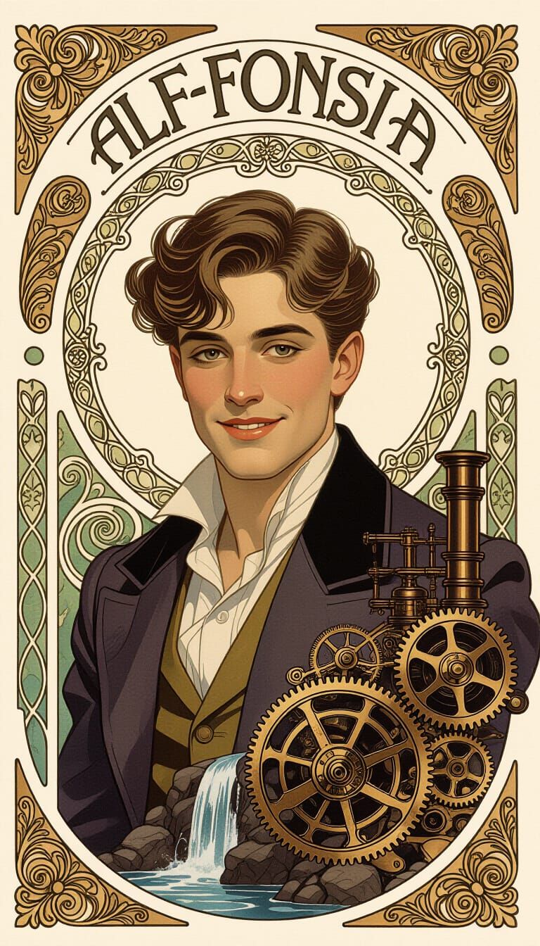 Art Nouveau Portrait of Young Man with Steampunk Elements