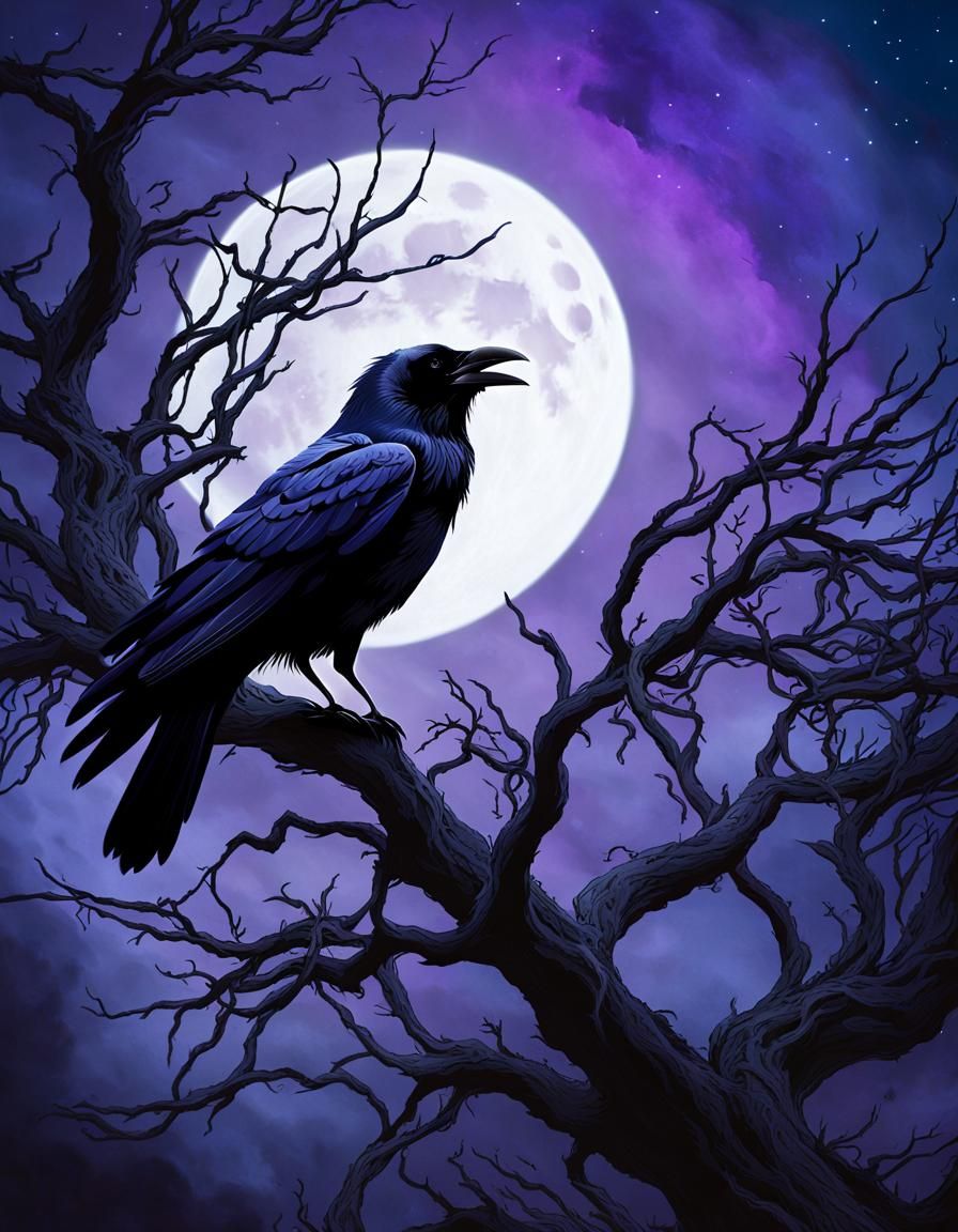 Eerie Raven Squawking at the Moon in Gothic Style