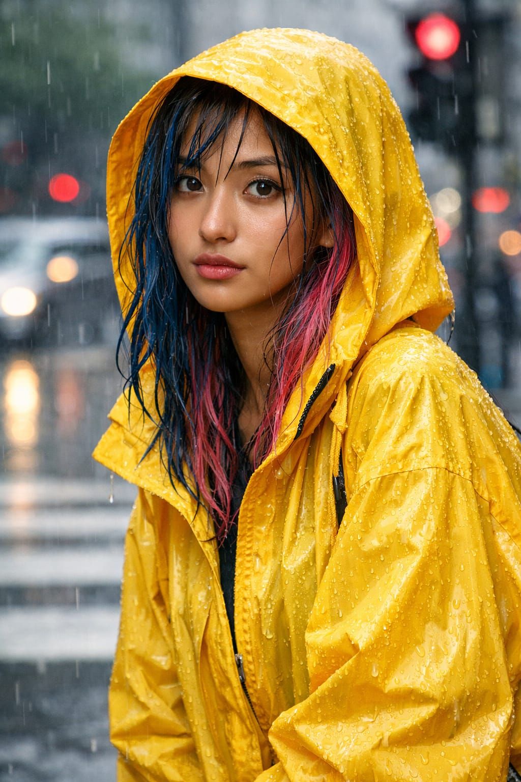 Woman in Yellow Hoodie Waits in Rain