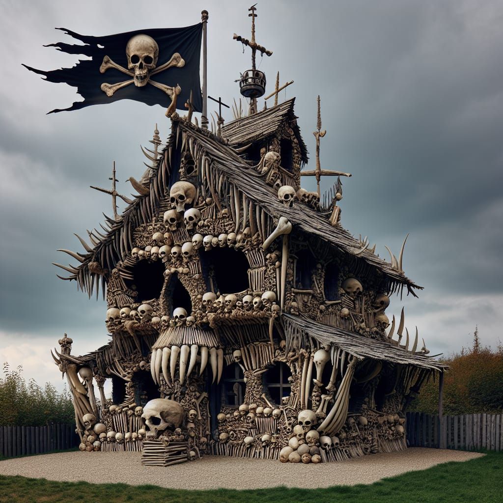 Eerie Skeletal House with Pirate Flag