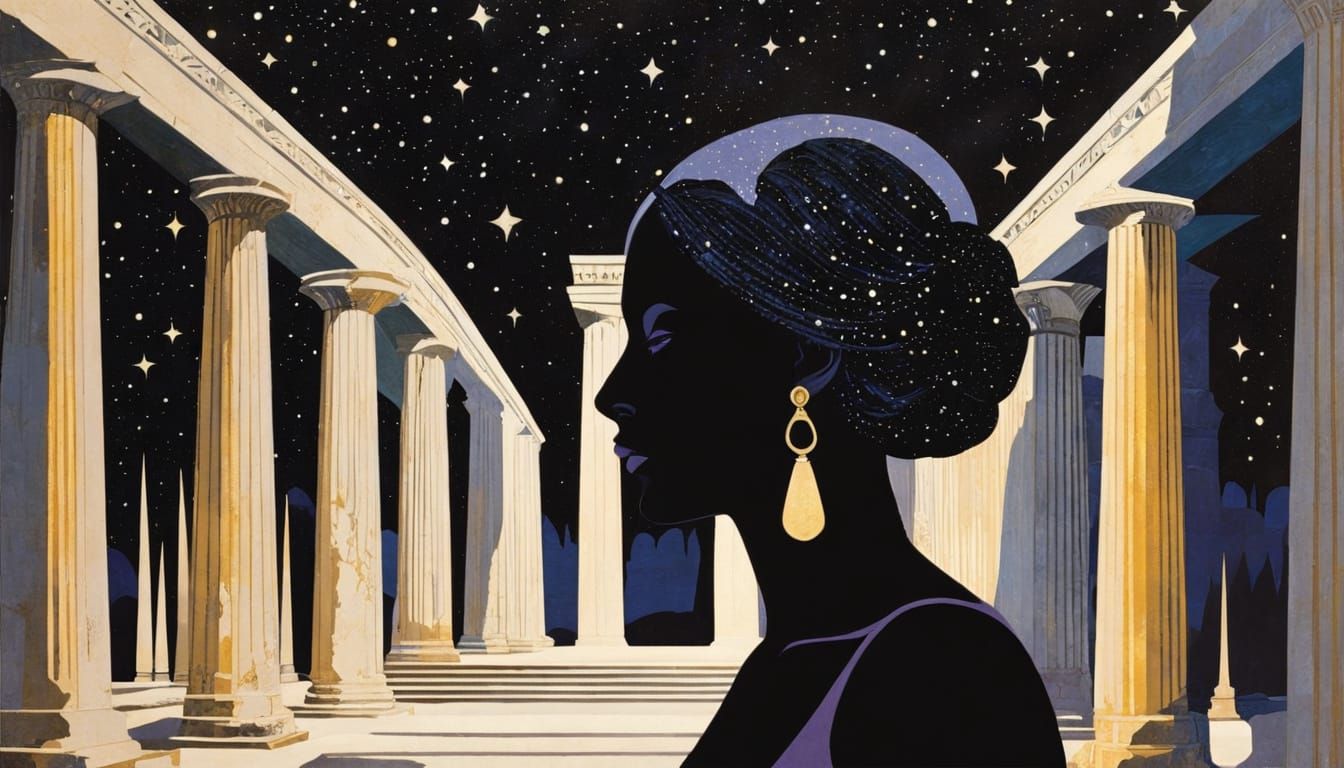 Dark Skinned Goddess Amidst Cypress Grove and Ancient Pillar...