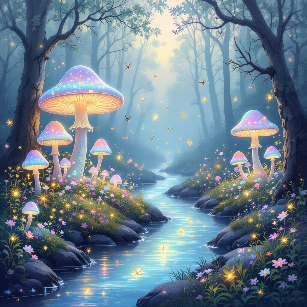 Enchanted Forest with Glowing Mushrooms in Fantasy Art Style