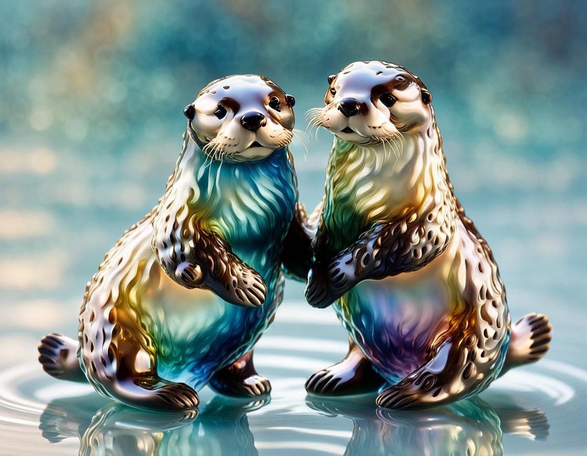 Glass Otters Figurine with Golden Light