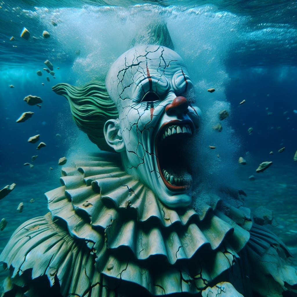 Submerged Clown Statue in Horrorcore Style
