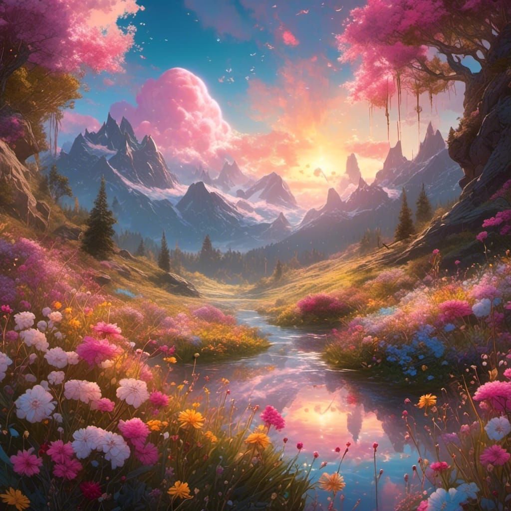 Sunset Meadow: A Tranquil Fantasy Concept Art