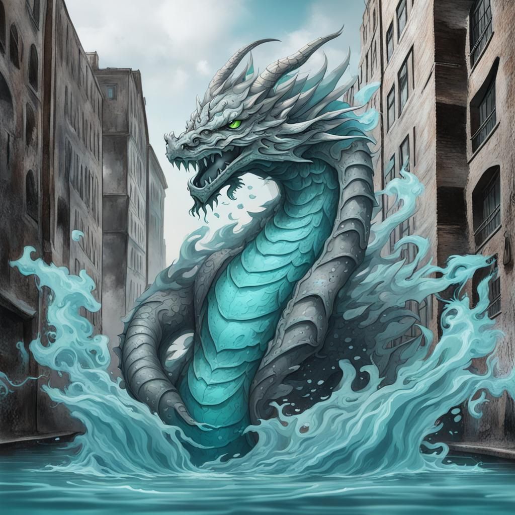 Cyan Water Dragon in Graffiti Cityscape