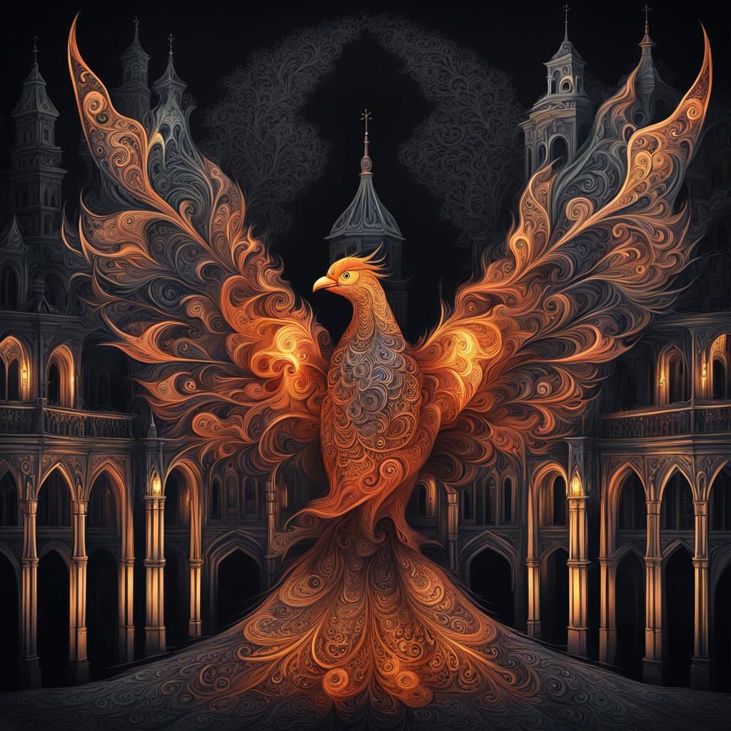 Fire Bird Soaring Over Gothic Town as Fractal Art
